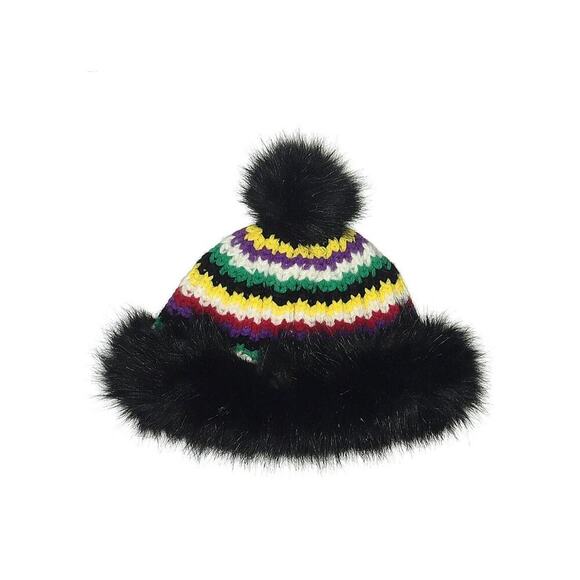 Polo Ralph Lauren Wool Pom Pom Beanie Hat Rainbow Knit Stripe Black Fur - Picture 1 of 4
